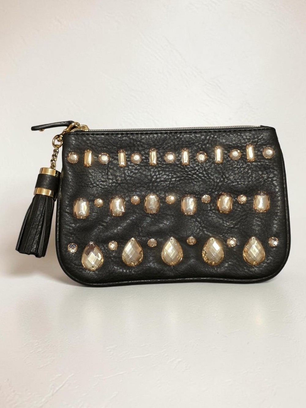 Black Embellished Leather Wristlet Clutch with Gold Accents - NEW
